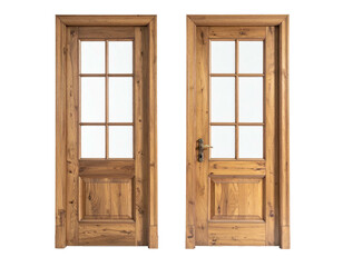 Pair of wooden doors, one open, featuring glass panels and traditional design