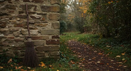 Rustic Broom Leaning Against Stone Wall in Autumn Forest