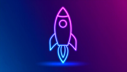 A neon-style illustration of a rocket ship launching, outlined in vibrant blue and pink against a dark gradient background.