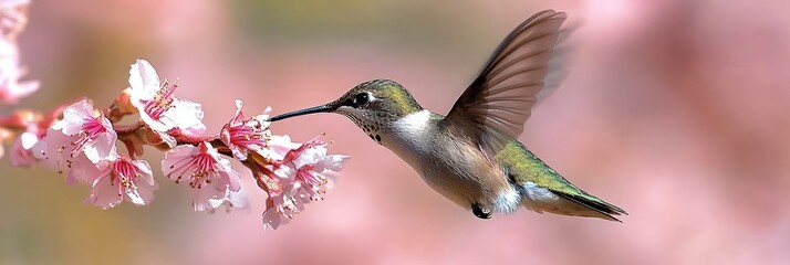 Fototapeta premium Hummingbird Feeding on Pink Cherry Blossom in Full Bloom, Nature s Beauty and Springtime Splendor