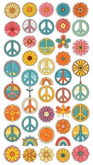 Colorful peace signs and flowers in a retro style