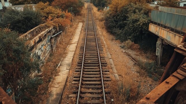 Abandoned railway tracks through autumnal landscape