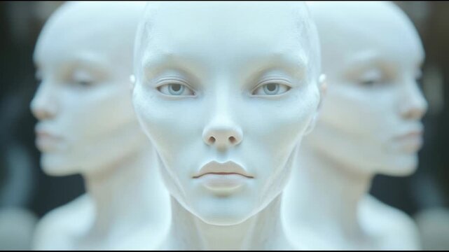 Group of futuristic pale humanoids slowly opening and closing their eyes