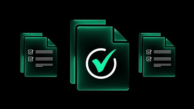 Regulatory and compliance concepts on the transparent background. Corporate governance documents. Motion graphics  with a checkbox list displayed on a virtual screen. 4k video animation.