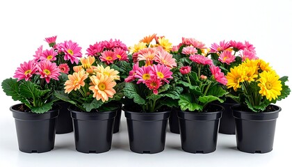 Colorful potted daisies in a row against a white background