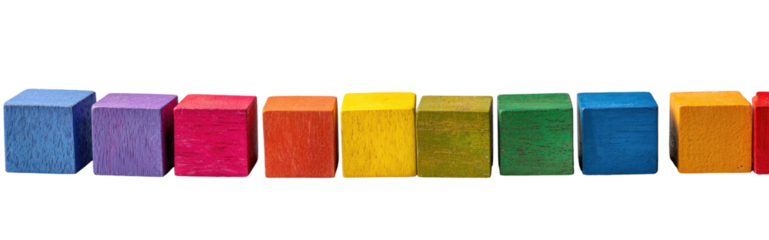 A row of colorful cube-shaped blocks in a spectrum of colors