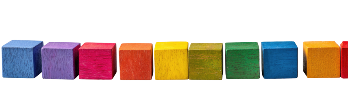 A row of colorful cube-shaped blocks in a spectrum of colors