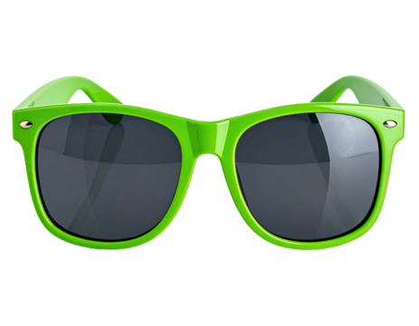 Vivid green sunglasses with dark lenses, isolated on a black background