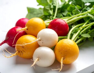 Colorful radishes with green tops on a white surface