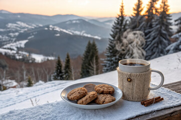 A cup of coffee in a knitted cover and cookies against a dark landscape background