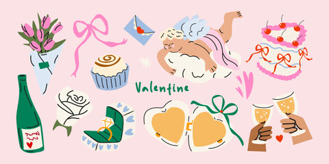 Naklejka premium Cartoon stickers set for Valentine's day holiday in retro style. Cute love elements, gift, vintage cake, cupid, love mail, chocolate, wedding ring, champagne. Flat vector illustrations isolated
