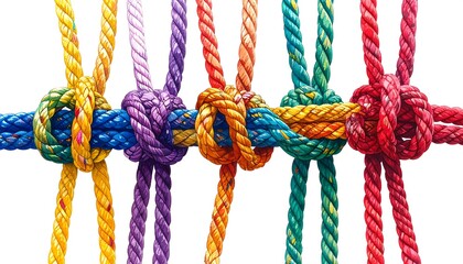 Colorful ropes intricately knotted together against a white background