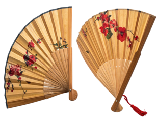 Two traditional folding fans with painted floral designs against a black backdrop