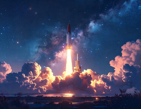 Rocket launch at night into a starry sky over clouds