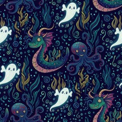 Deep sea creatures kawaii doodle, Whimsical Sea Creatures and Ghosts Pattern for Fun Backgrounds