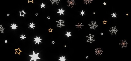 Elegant winter background with white and gold stars and snowflakes. Perfect for holidays.