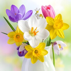 Colorful spring blooms in a white vase against a blurred background