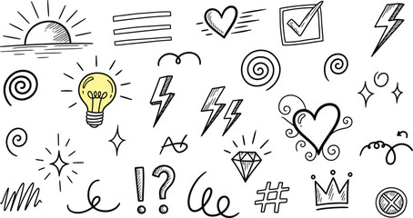 Hand drawn doodles showcasing creativity and inspiration with playful designs, sun, hearts and lightbulb