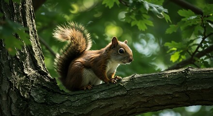 Obraz premium Squirrel on a tree branch surrounded by green foliage and sunlight