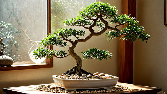 Elegant bonsai tree radiates tranquility, a symbol of peace and harmony for your serene living space or mindful meditation practice today