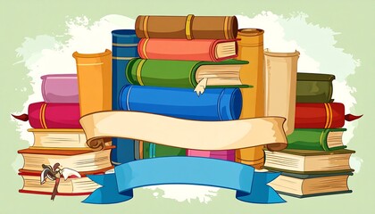 Colorful stack of books with two blank banners