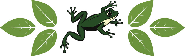 An energetic green frog leaping beside vibrant leaves, a symbol of freshness and natural vitality