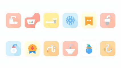Plumbing service icons, water drop, sink, plunger, clean vector illustration on white background