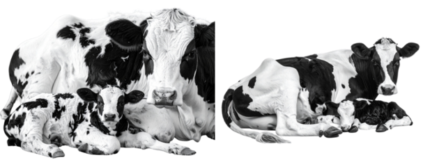 Black and White Cow Lying Down with Calf Beside Isolated Transparent PNG