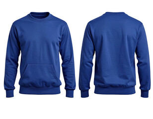 Front and back views of a royal blue crewneck sweatshirt with a front pocket