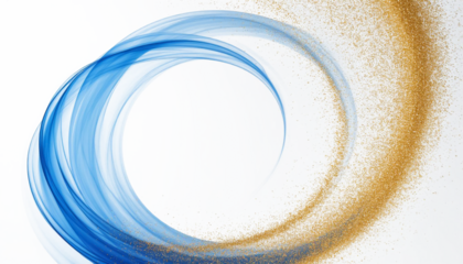 Blue light beam with gold glitter twisted in motion transparent background