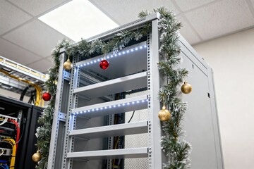 Festive IT Server Rack Decorated with Christmas Garland and Lights for Holiday Tech Setup