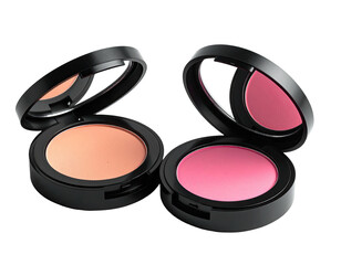 Two open circular compacts of blush, one peach, one pink, black casing