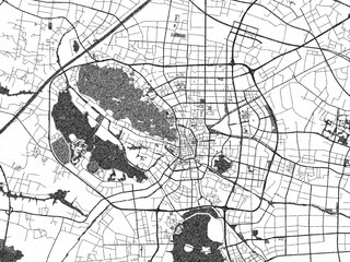 Detailed artistic sketch map of Changshu, China, in monochrome black and white.