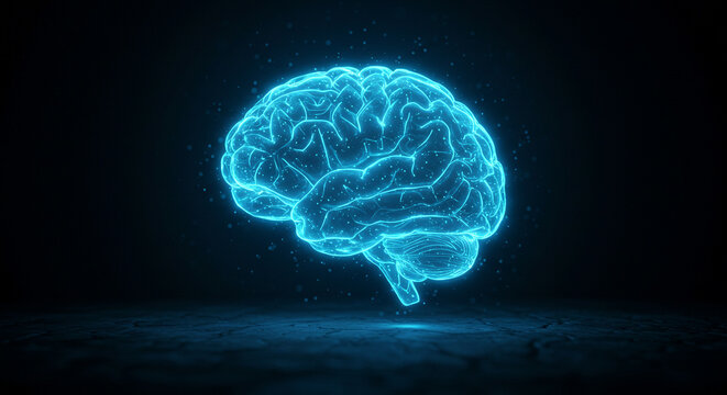 A glowing AI brain hologram in cinematic mood.