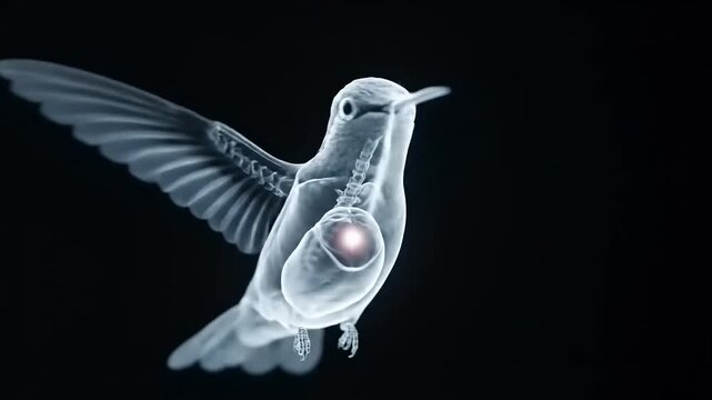 X-ray image of a hummingbird in flight, showcasing its internal anatomy against a black background.