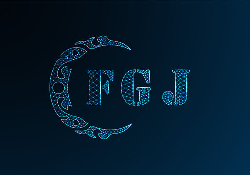 Low poly letter logo FGJ design. FGJ letter logo low poly vector design on blue color gradient background. FGJ logo low poly design