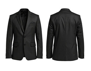 Front and back views of a formal black suit jacket, isolated against a black background