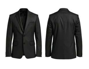 Front and back views of a formal black suit jacket, isolated against a black background