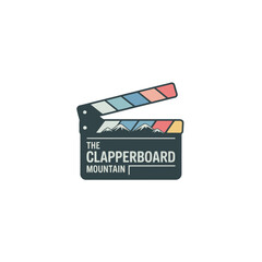 Fototapeta premium Clapperboard mountain logo, film production emblem, cinema slate over peak silhouette, creative video brand, modern vector design