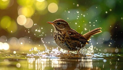 Bird Bathing in Forest Stream Splashing Water in Golden Sunlight