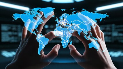 World Map Hologram Displayed in Futuristic Command Center During the Day - Powered by Adobe