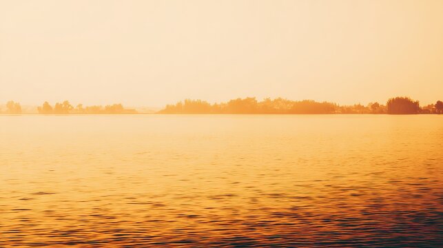 shore. Tranquil lakeside view at sunset with calm water reflecting golden hues. inspiring travel planning, travel magazines, designed for outdoor magazines and nature guides