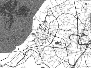 Stylized decorative city map of Putian, China, hand-drawn in black and white.