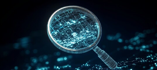 Futuristic digital magnifying glass on city map, highlighting data connections and analysis.