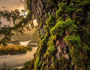 Moss-covered tree trunk by a flowing river