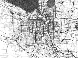 Naklejka premium Stylized black and white urban map of Suqian, China, hand-drawn style for decor and creative use.