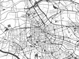 Decorative black and white map of Tianjin, China, rendered in sketch-like style.