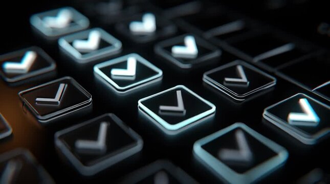 Digital interface with a series of glowing checkmark icons indicating completed tasks, symbolizing productivity, progress tracking, efficiency, and successful workflow in a modern, tech-driven environ