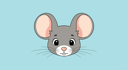 A cute cartoon mouse face with big ears and whiskers on a light blue background.
