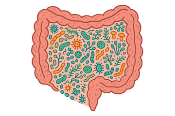 Intestines shape with microbiota ornate pattern. Healthy guts concept. Vector cartoon illustration of good bacteria, microbiome, probiotics and gut flora for digestion and health.